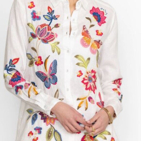 Johnny Was White Floral Embroidered Button Down Shirt - Picture 2 of 9